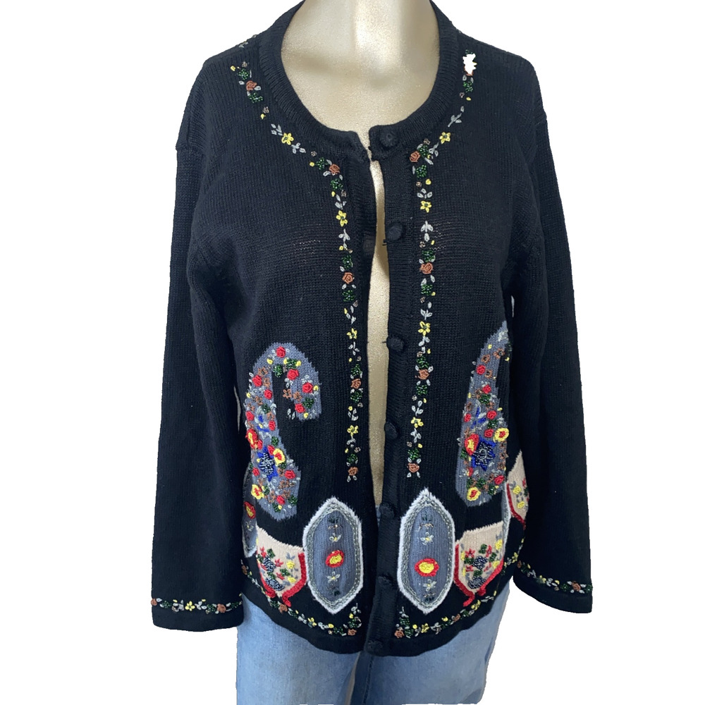 Vintage Bonnie And Bill By Holly Embroidered Cardigan Sweater Large Folk Art